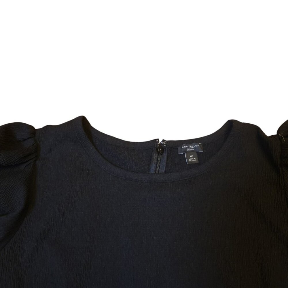 Ann Taylor Factory Black Puff Sleeve Dress Full Skirt Zip Back Sz 12P Normcore - Picture 7 of 15